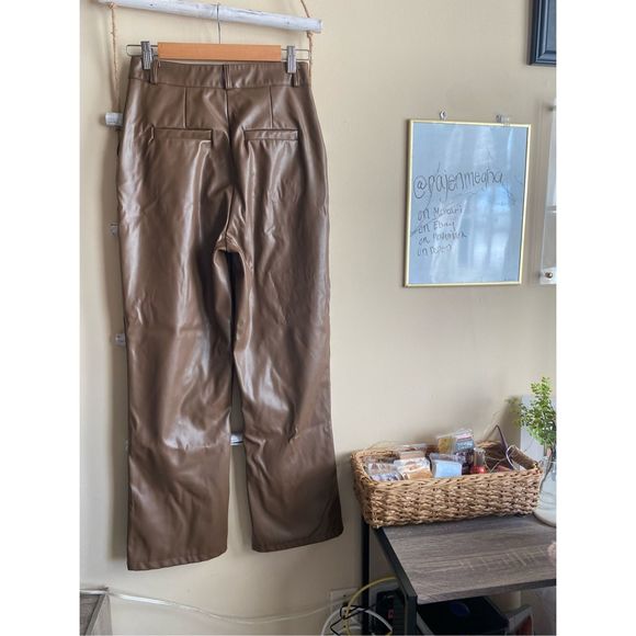 ZARA Medium Brown Leather Pants High Waist Straight Leg Jean - Picture 6 of 10